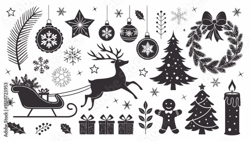 Festive vector of Christmas celebration with Santa sleigh and reindeer surrounded by decorative holiday shapes, black silhouette on white background.