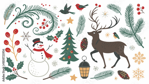 Classic Christmas scene showing Santa, reindeer, and decorated pine trees among snowflakes and ornaments, detailed black silhouette on white background.