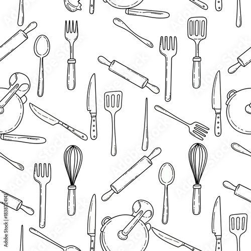 Seamless hand-drawn doodle pattern featuring an array of kitchen utensils and cooking tools on a clean white background.
