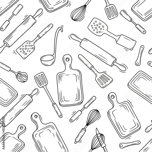 Seamless hand-drawn doodle pattern featuring an assortment of essential kitchen utensils and cooking tools on a white background.