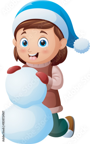 Cartoon little girl in winter clothes with big snowball
