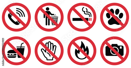 Prohibited Icons Set, a vector collection featuring no cell phone, no litter, no smoking, no pets, no eating or drinking, do not touch, no fire, and no photography symbols for safety and public spaces
