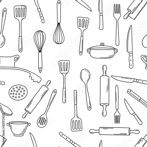 Seamless pattern of various hand-drawn kitchen utensils and cooking tools in outline style.