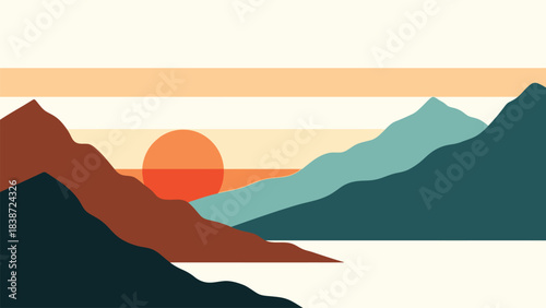 Minimalist flat design landscape illustration featuring layered mountains and a vibrant sun Vector, illustration