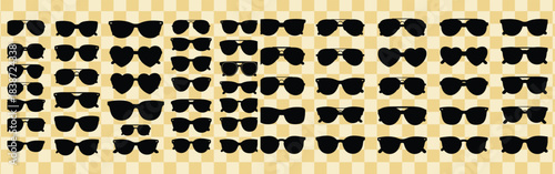 Seamless pattern featuring various black silhouette sunglasses styles against a beige and yellow checkerboard background