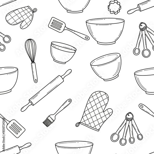 Seamless pattern of hand-drawn baking and cooking utensils including bowls, whisks, rolling pins, and oven mitts.