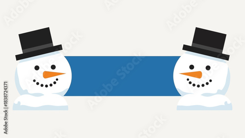 Two cheerful snowmen wearing top hats frame a blue banner, perfect for winter greetings or holiday designs.