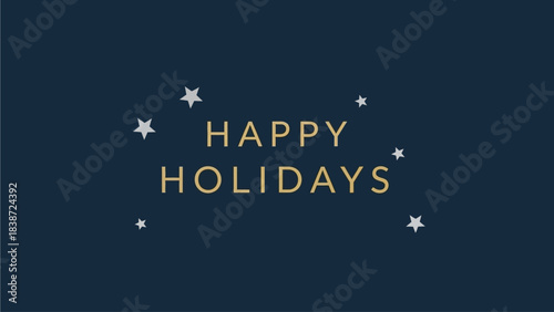 Happy Holidays text in gold with scattered stars on a dark blue background.
