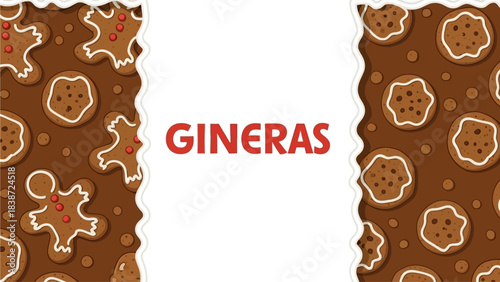 A festive background featuring a central white space with the word GINERAS, flanked by brown patterns of gingerbread men and star cookies decorated with white icing.