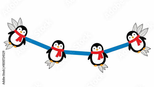 Cute cartoon penguins with red scarves and wings hanging on a blue line, forming a festive garland.
