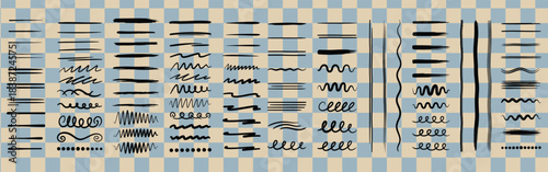 Collection of black hand drawn underline brush strokes and decorative dividers on a checkered background pattern