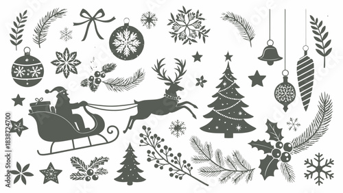 A dense Christmas-themed black silhouette set displayed on a white background, showcasing multiple reindeer poses, Santa riding a sleigh with flying reindeer