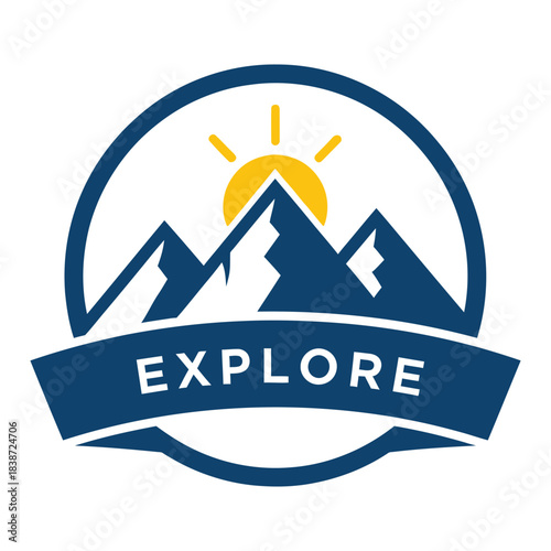 A minimalist blue and yellow logo design featuring mountains and a sun with the word explore Vector, illustration