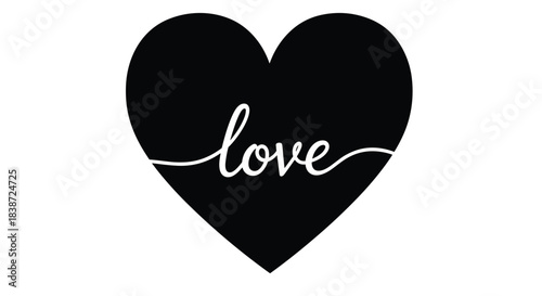A simple and elegant black heart silhouette with the word 'love' written across the center in a beautiful white cursive handwriting style.
