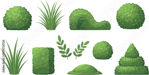 Set of Stylized Green Bushes and Shrubs for Landscape Design, Gardening, Nature Decor, Park Elements, and Environmental Vector Illustration
