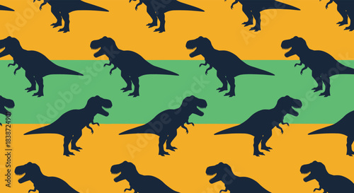 A seamless repeating pattern of Tyrannosaurus Rex dinosaur silhouettes on a striped yellow and green background for kids' textiles or wallpaper.