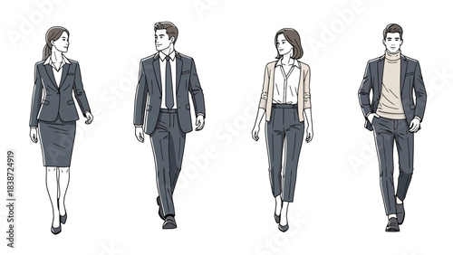 Professional Business attire featuring diverse professionals in formal and casual outfits