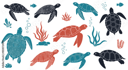 A collection of stylized sea turtle silhouettes in various colors and patterns, swimming among seaweed and bubbles, for a decorative ocean theme.