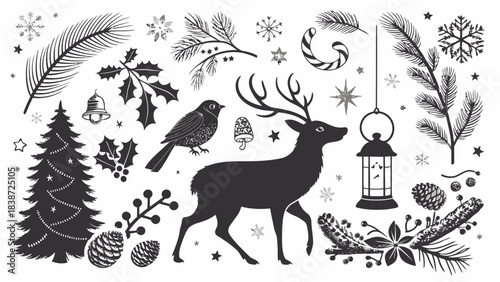 Christmas holiday silhouettes of Santa riding sleigh with reindeer, bells, stars, and gifts in black on white