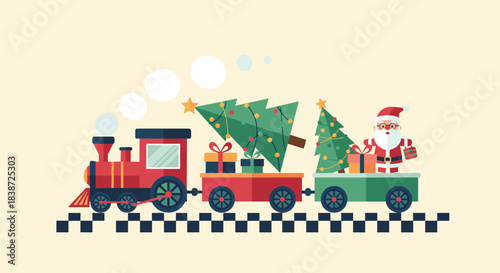 A cute Christmas train with Santa Claus, decorated trees, and gift boxes in its wagons, traveling on a track on a light background.