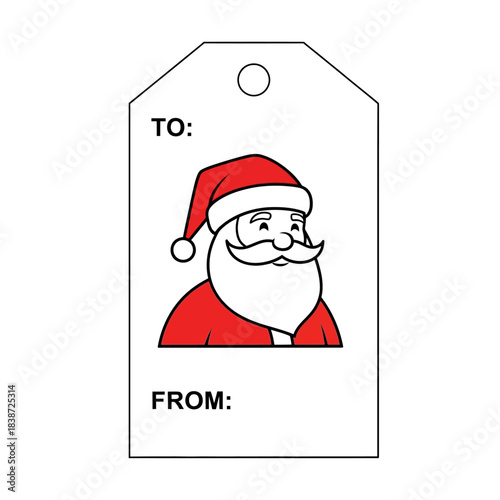 White gift tag with a cartoon illustration of Santa Claus's head, featuring a red hat and white beard, with 'TO:' and 'FROM:' fields.