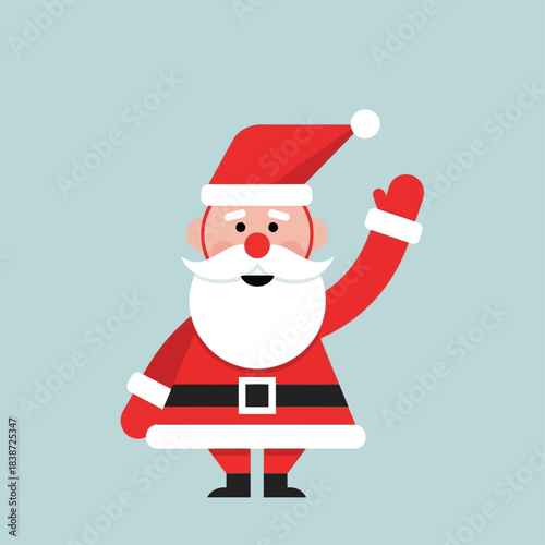Flat design illustration of Santa Claus waving his hand, depicted in a cheerful and friendly manner on a light blue background.