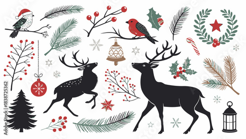 Festive Christmas symbols and decorations with reindeer and birds