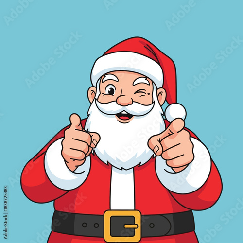 A cartoon illustration of Santa Claus winking and pointing at the viewer with both hands, wearing his traditional red suit.