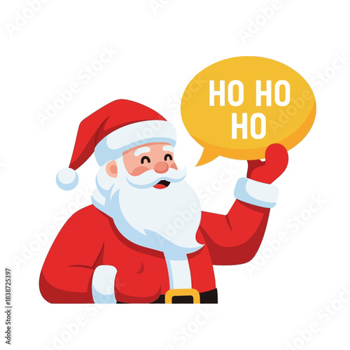 A cheerful cartoon Santa Claus with a white beard and red suit, holding a speech bubble saying 'HO HO HO'.