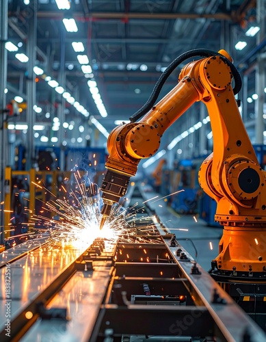Industrial Robotic Arm Welding in a Modern Factory Setting.
