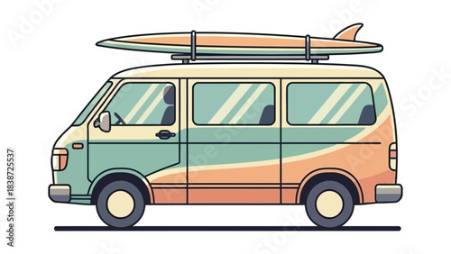 A colorful retro van with a surfboard on the roof for a perfect summer beach trip Vector, illustration