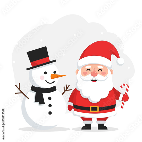 Cute cartoon Santa Claus and snowman standing together in winter.