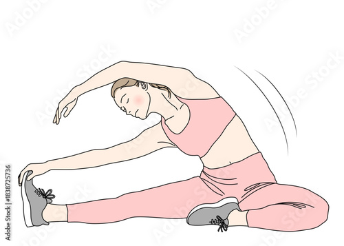 ストレッチ 座って体側を伸ばす女性のイラスト 全身正面 ピンク