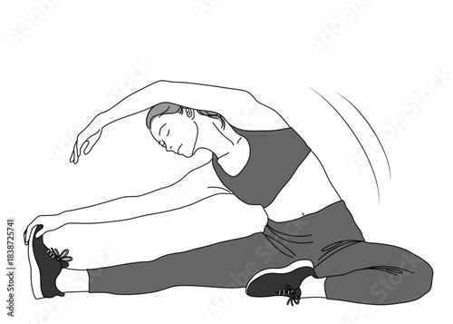 ストレッチ 座って体側を伸ばす女性のイラスト 全身正面 モノクロ