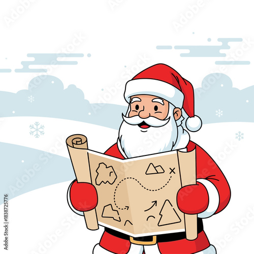 Cartoon illustration of Santa Claus holding a treasure map in a snowy winter landscape, looking for a destination.