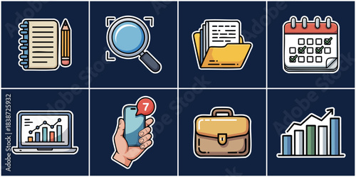 Complete set of business productivity icons featuring laptop analytics calendar briefcase and document folder for corporate management and financial growth workflow illustrations