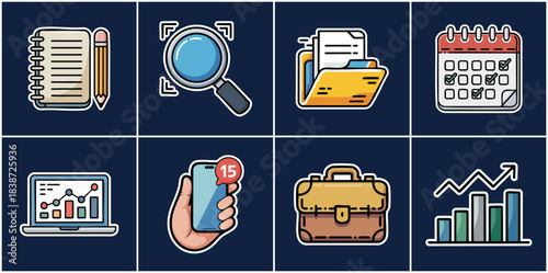 Business workflow productivity icons featuring laptop analytics calendar briefcase and document folders for corporate finance operations project management reporting and growth strategy visuals