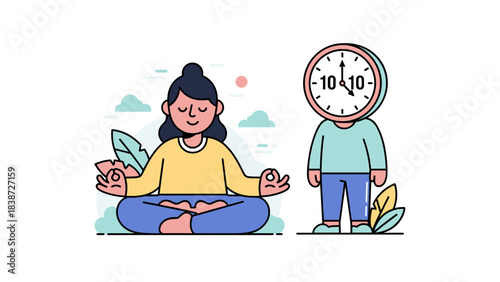 Woman meditating with clock-headed character