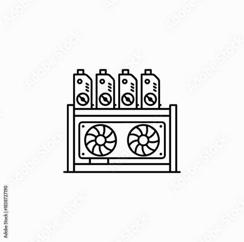 Crypto Mining Rig Outline – Vector Line Icon of Blockchain Technology Equipment