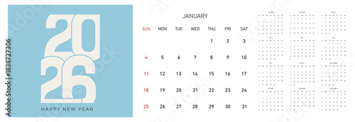 Calendar 2026 week start Sunday corporate design template vector. Cover calendar 2026. Calendar planner 2026 year, schedule month calender, American organizer template. Week starts on Sunday. 