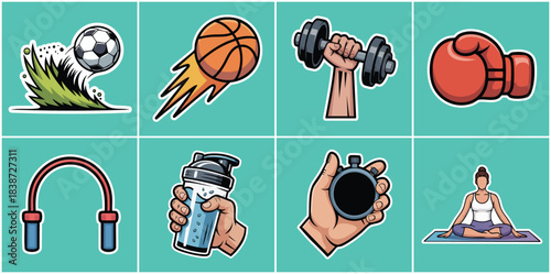 Professional Sports and Fitness Workout Icon Set Featuring Soccer Ball, Basketball, Dumbbell, Boxing Glove and Stopwatch for Training Programs and Active Healthy Lifestyle Concepts