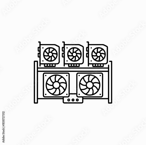 Crypto Mining Rig Outline – Vector Line Icon of Blockchain Technology Equipment