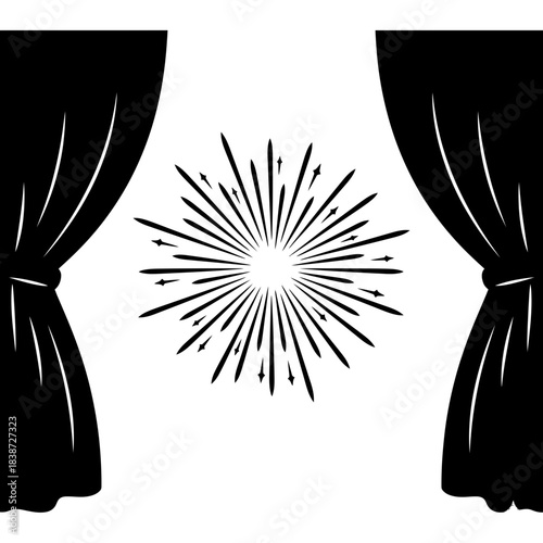 Firework theater curtain reveal burst silhouette vector illustration