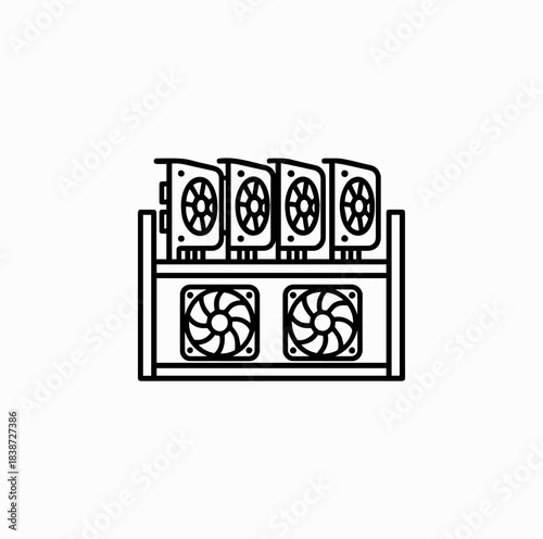 Crypto Mining Rig Outline – Vector Line Icon of Blockchain Technology Equipment