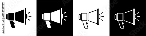Digital announcement concept with two distinct megaphone icons on a dark background