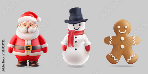 3D Santa Claus character, gingerbread man and snowman in Christmas scarf and hat. Sticker frosty iced smiling cookie, cool toy gift. Winter realistic render Noel grandfather, jolly doll. xmas simple