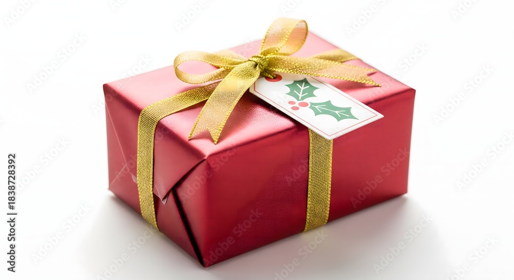 Fototapeta premium Red Christmas Gift Box with Golden Ribbon and Holly Tag