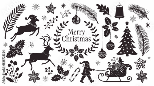 A highly detailed silhouette set featuring classic Christmas icons in black against a white background, including galloping reindeer, Santa in silhouette, star-decorated ornaments, wreaths with intric
