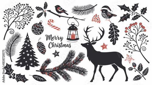 A highly detailed silhouette set featuring classic Christmas icons in black against a white background, including galloping reindeer, Santa in silhouette, star-decorated ornaments, wreaths with intric