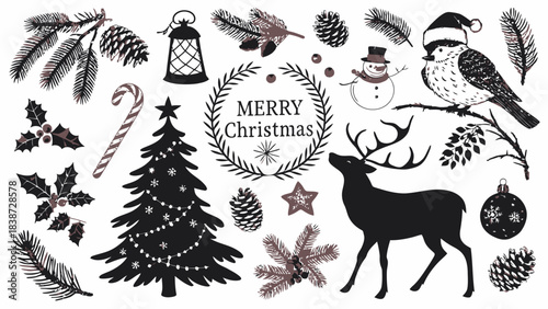 A highly detailed silhouette set featuring classic Christmas icons in black against a white background, including galloping reindeer, Santa in silhouette, star-decorated ornaments, wreaths with intric